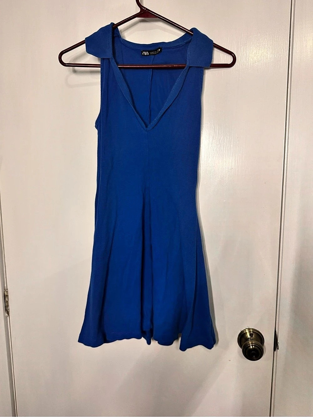 Zara Sleeveless Collared Ribbed Mini Dress Blue Mini Dress Size Medium